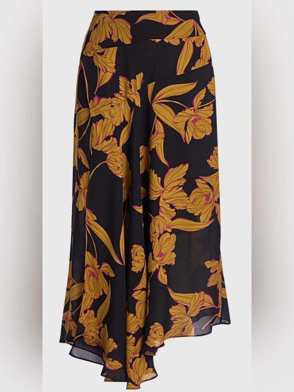 A.L.C. Lev 100% Silk Floral Asymmetric Midi Skirt Black Gold | Size 8
